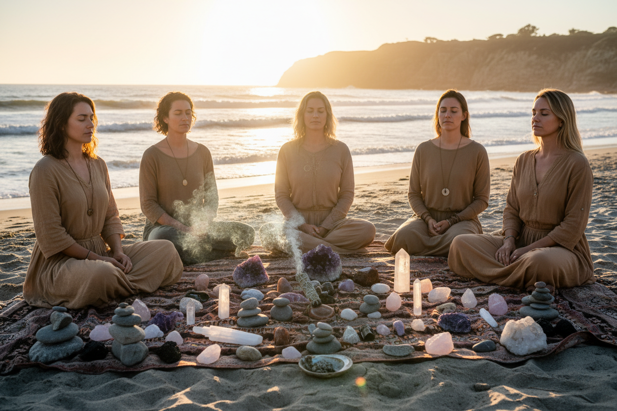 A group of four women and one man sitting by the ocean on a blanket with beautiful crystals and rock formations
