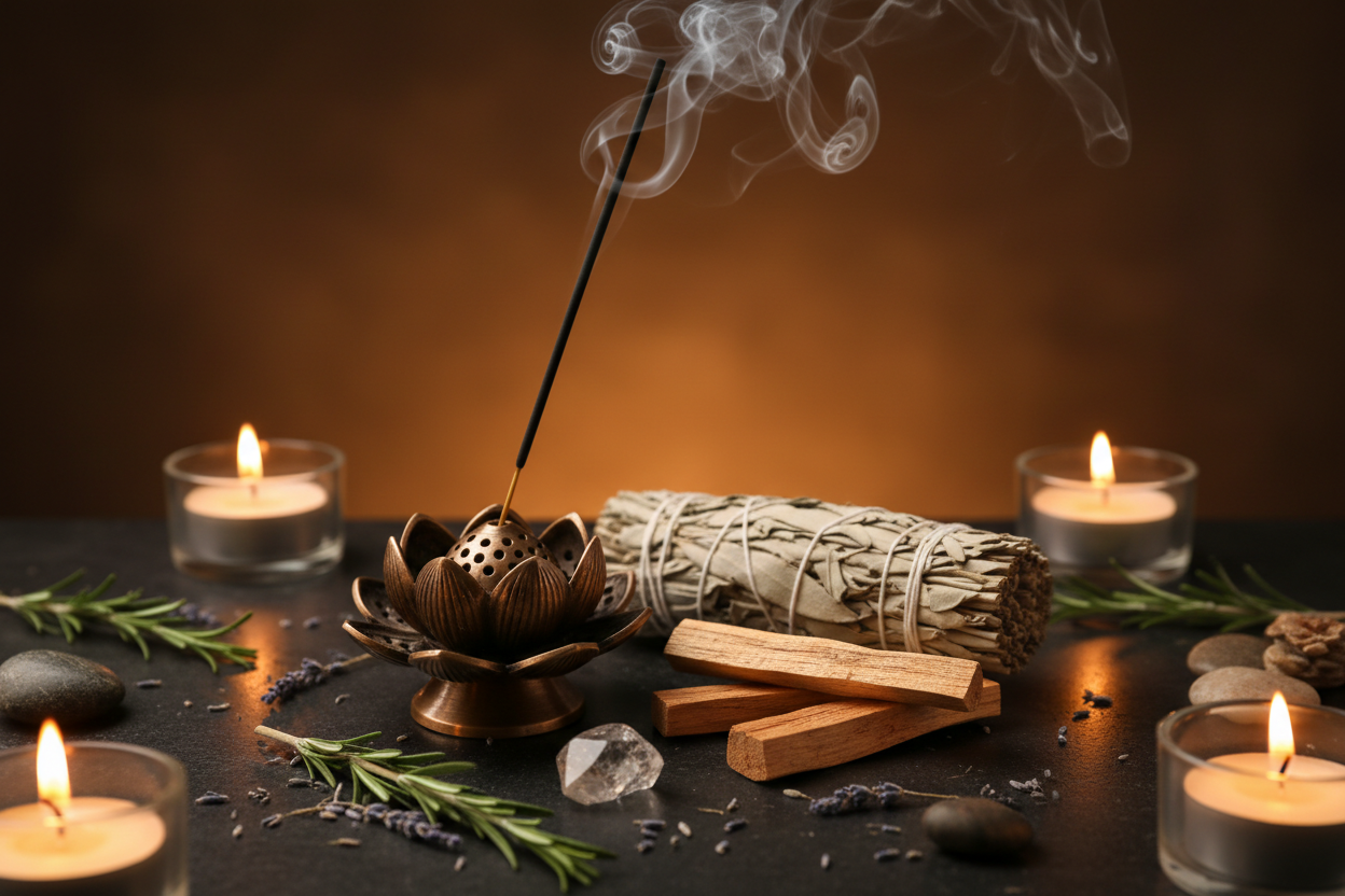 Incense burning on a metal holder. Candles lit and hers and palo santo on a wooden table