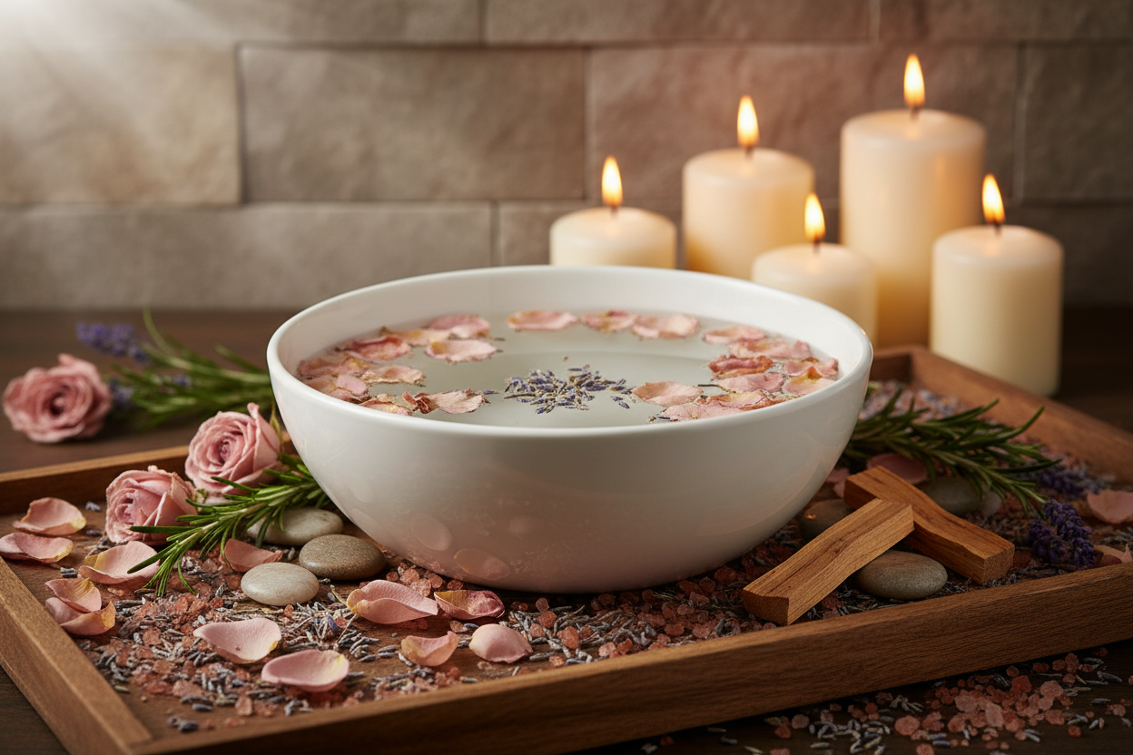 In a white ceramic bowl water and rose petals. In the background candles are lit. Palo santo and dried fowers on the wooden tray