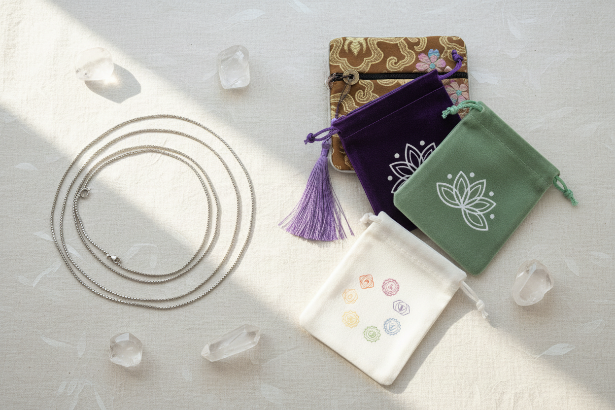 Colorful chakra and lotus designed mini bags surrounded by crystals on a white surface. Silver color chains on the side