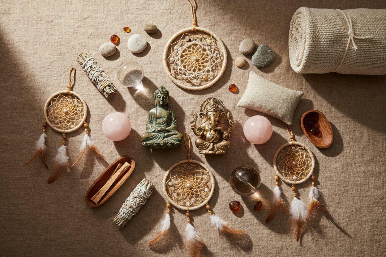 Picture of varios esoteric items, dreamcatchers, buddha and ganesha statues,crystals and white sgae