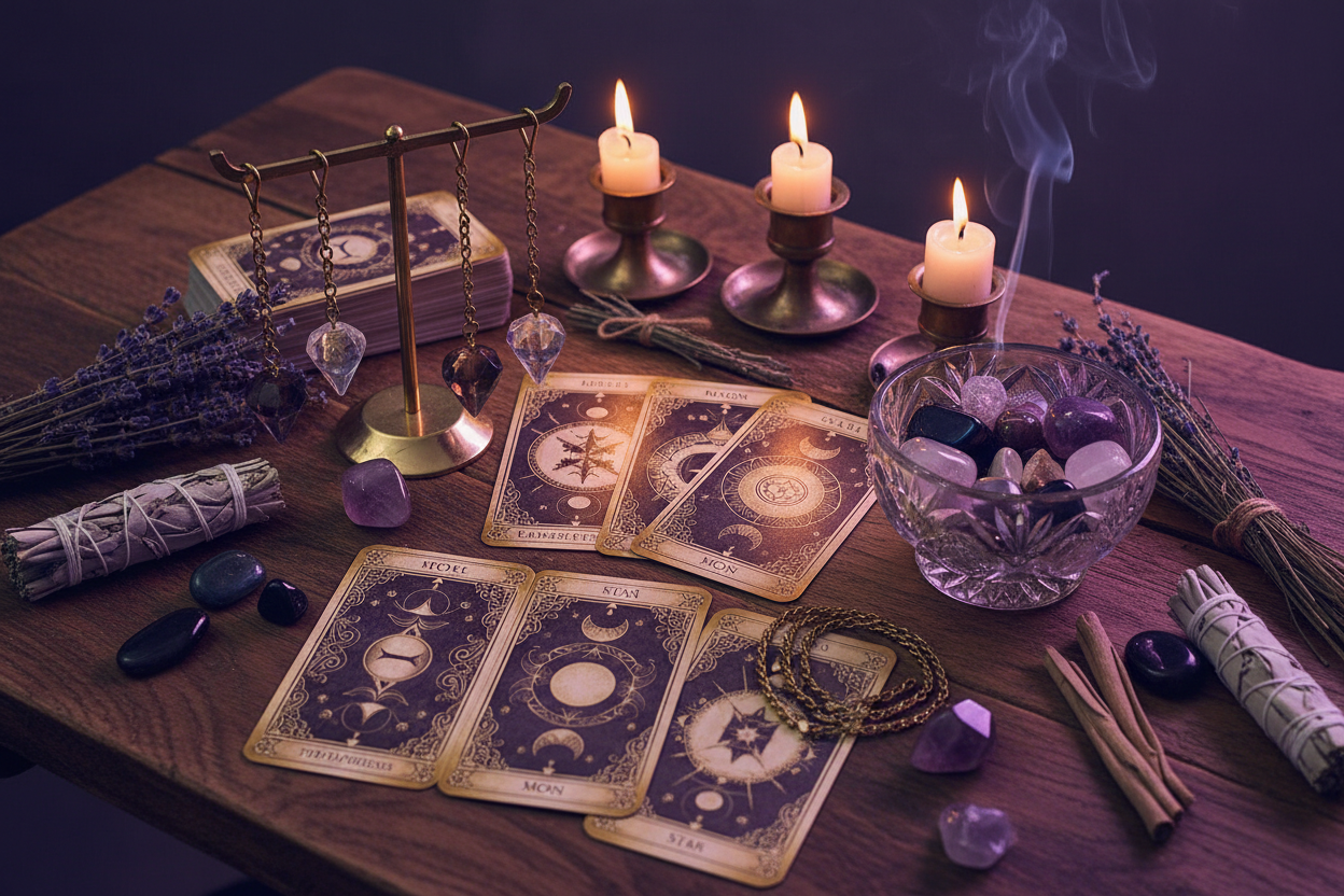 Image of tarot cards,herbs, sage bundles and candles on a wooden table