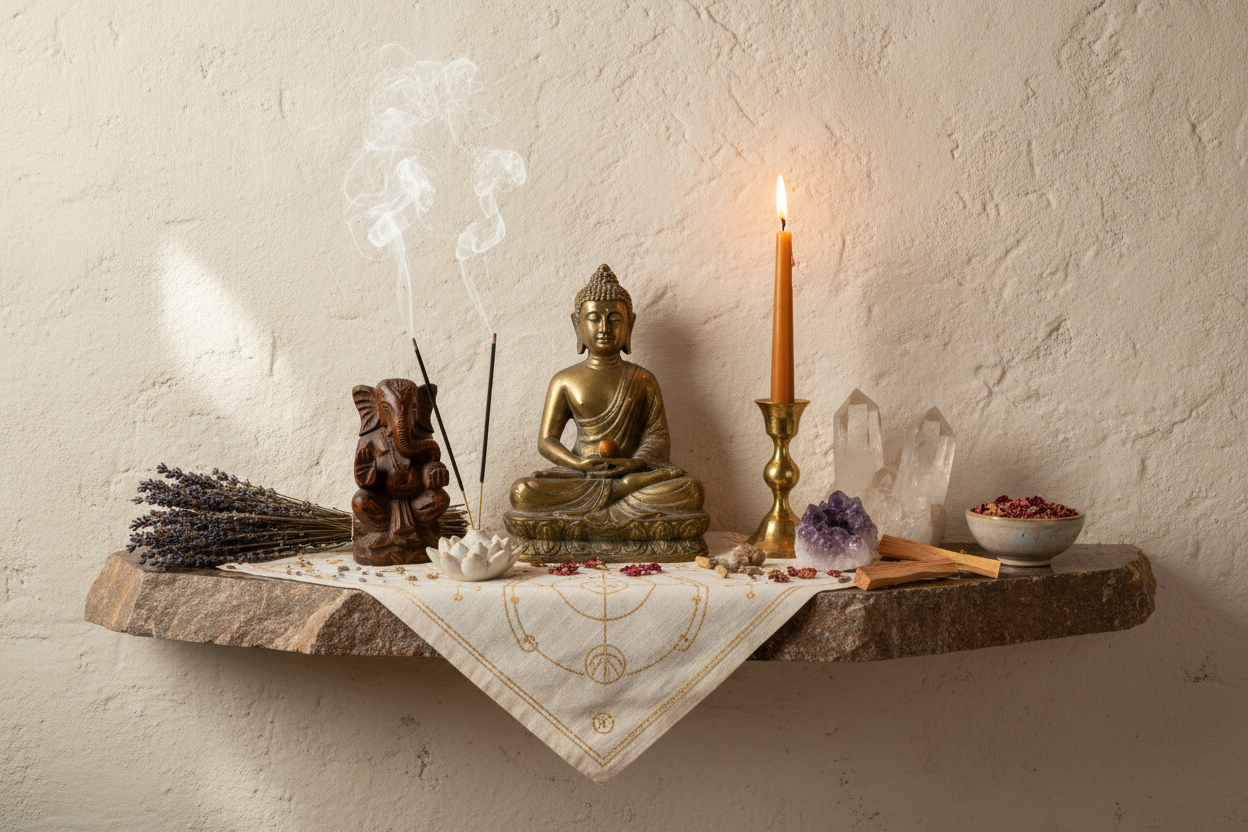 Sacred Altar Essentials Collection - Buddha Statue, candle , incense on a wooden altar with crystals