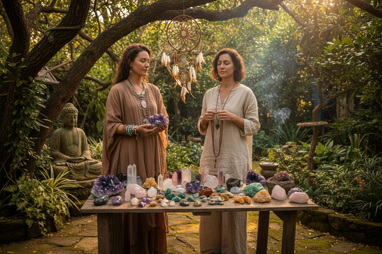 Two women standing in the forest with a table full of crystals and a buddha statue in the back