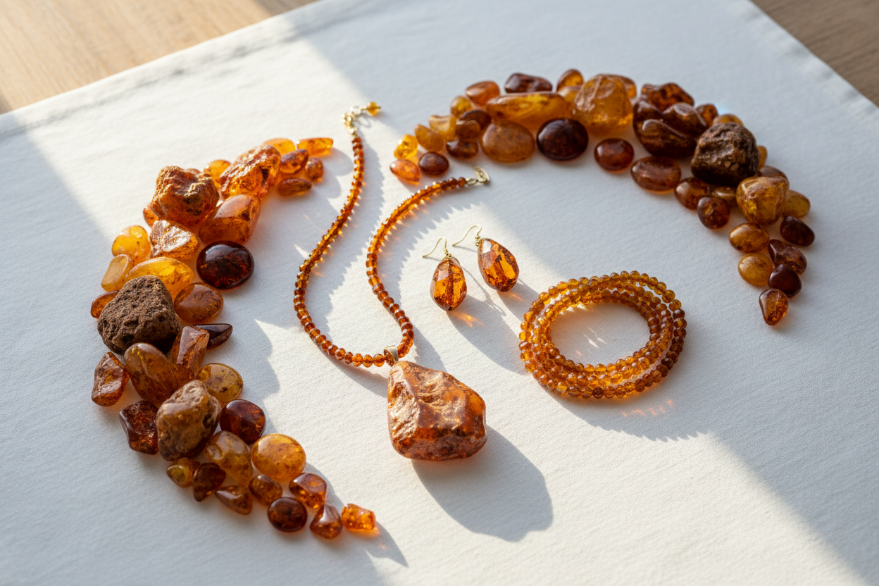raw amber and amber jewelry displayed on a natural surface