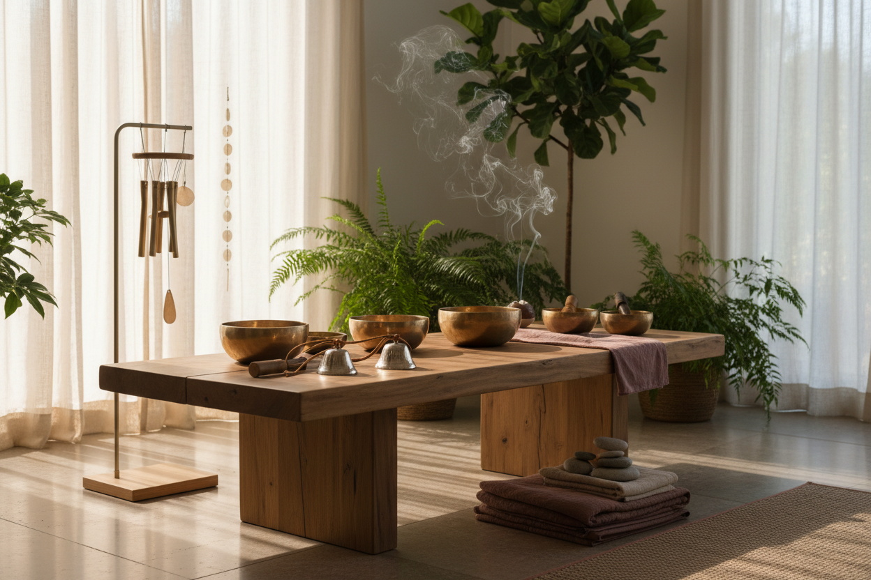 Meditation space with brass singing bawls and chimes on a wooden table with incense burning