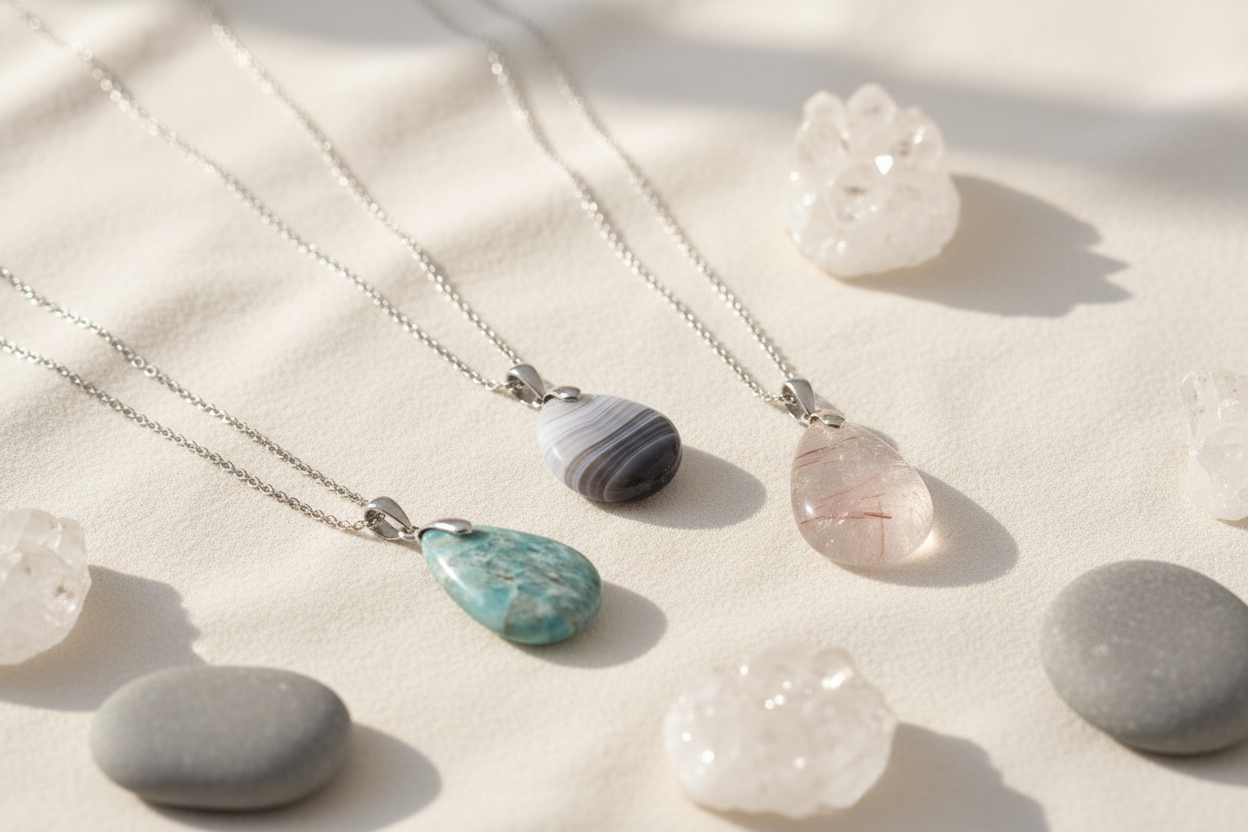 natural stone pendants on chain surrounded by crysrals on a bage surface