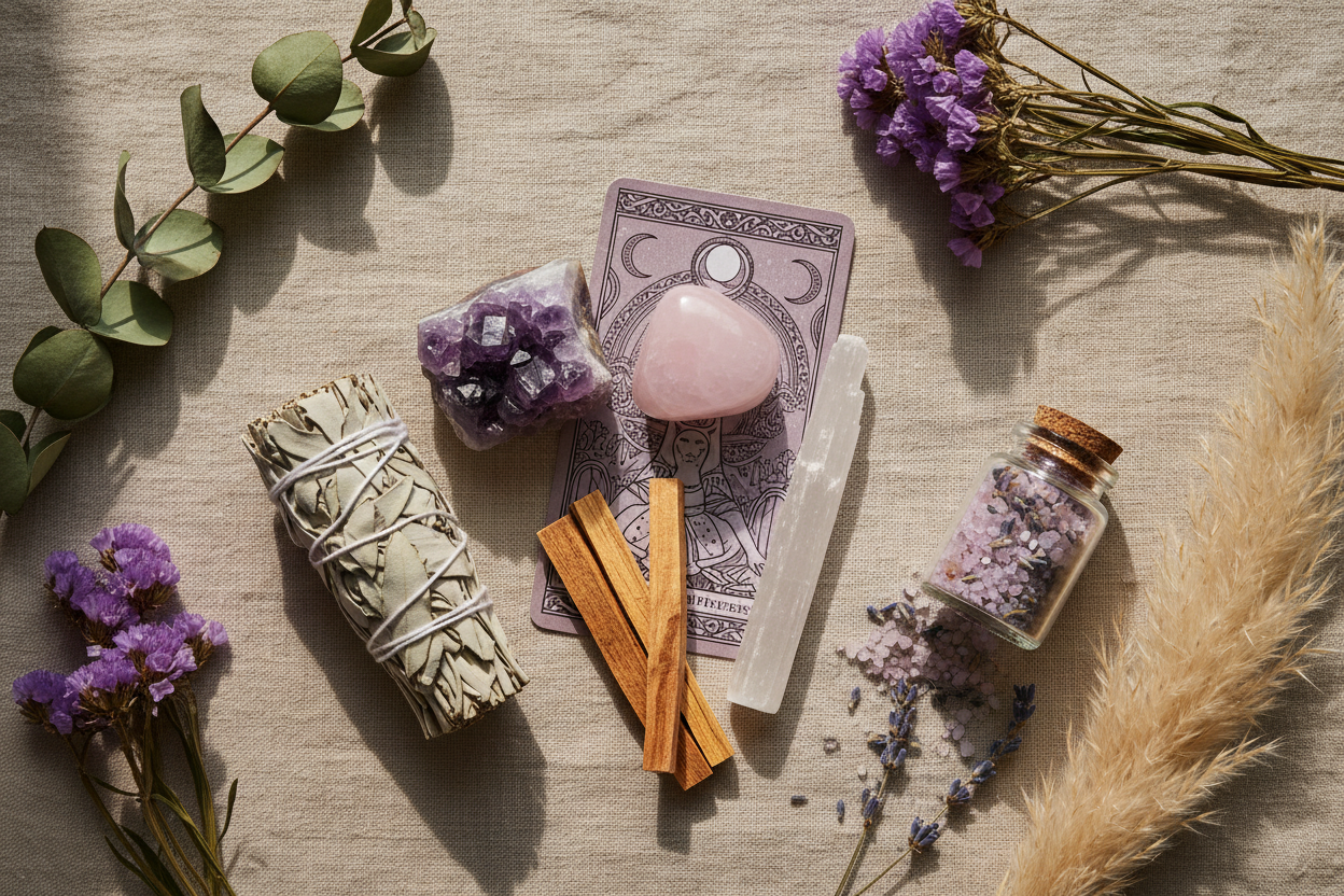 Ritual Pack of herbs, crystals and tarot card on a beige surface
