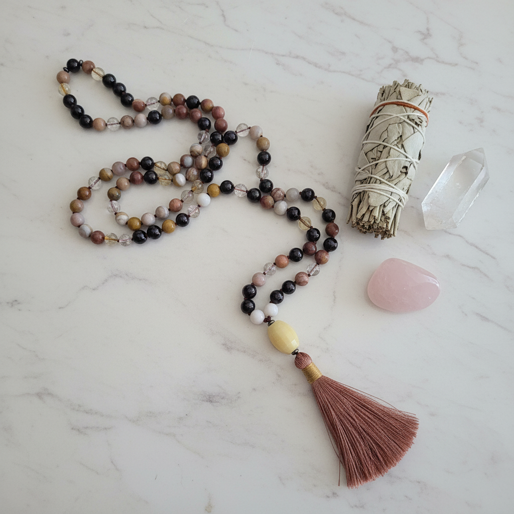 Meditation necklace with tassel, crystal, and sage on a marble surface