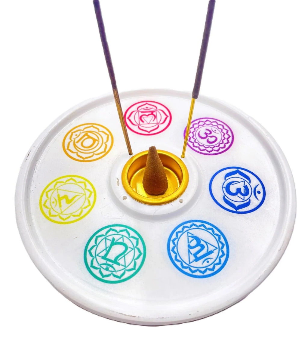 Incense burner with colorful symbols and incense sticks on a white background