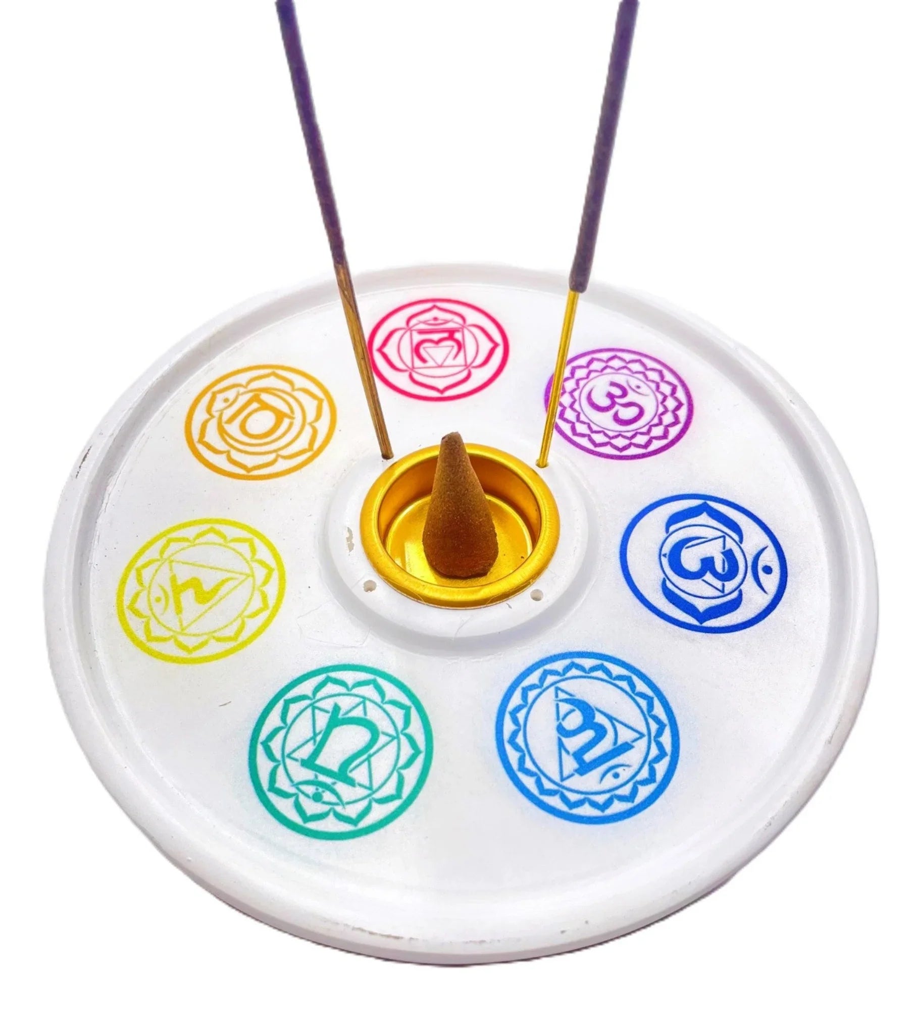 Incense burner with colorful symbols and incense sticks on a white background