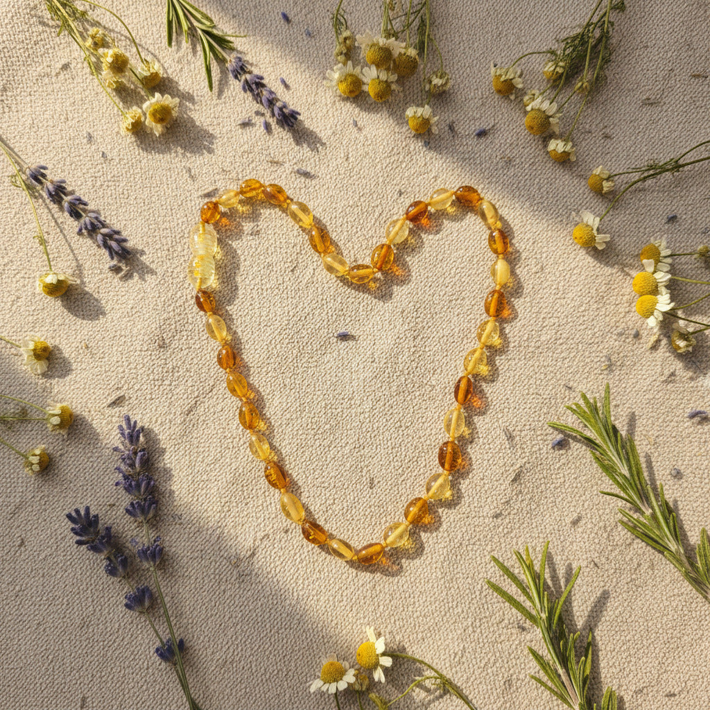 A beaded necklace made of translucent amber beads, arranged in a loose loop on a beige surface with dried herbs.