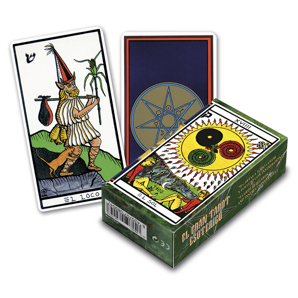 Tarot cards with a box featuring colorful designs and symbols on a white background