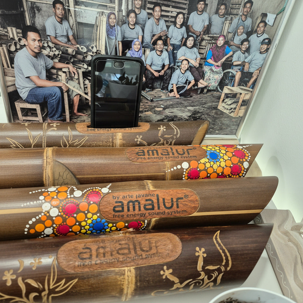 Wooden instruments with 'amalur' branding in front of a group photo.