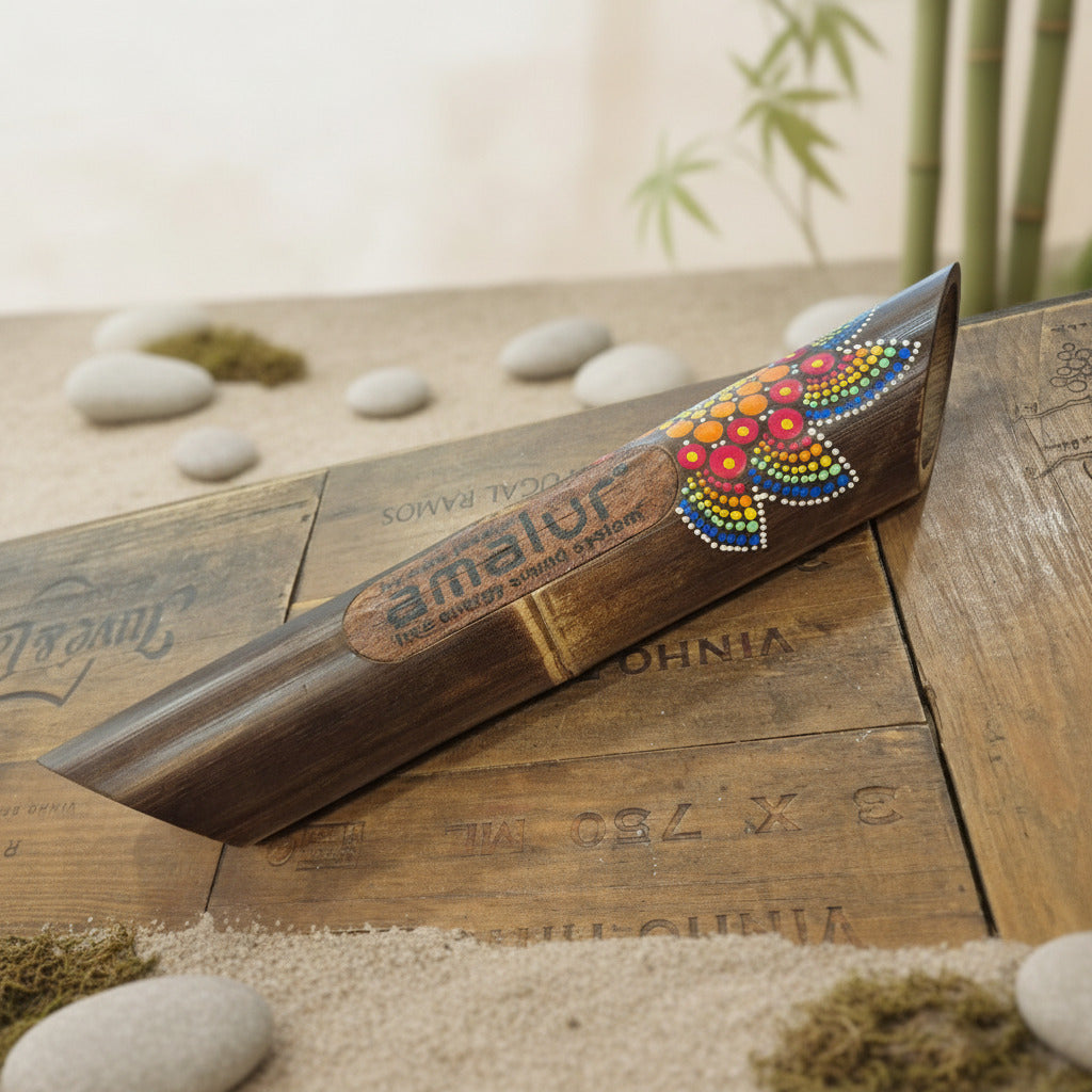 Decorative bamboo speaker with colorful design on a wooden surface with pebbles and bamboo in the background