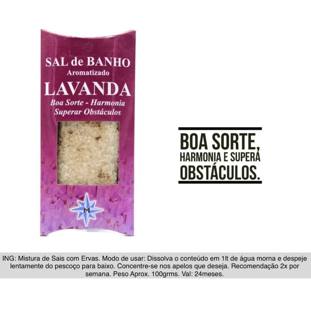 pack of bath salt with lavender with "sal de banho" purple label