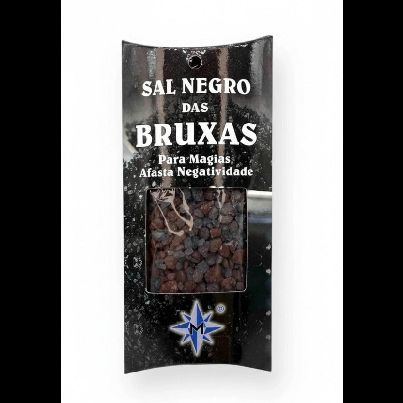 Black packaging of 'Sal Negro das Bruxas' with text and a star logo on a white background