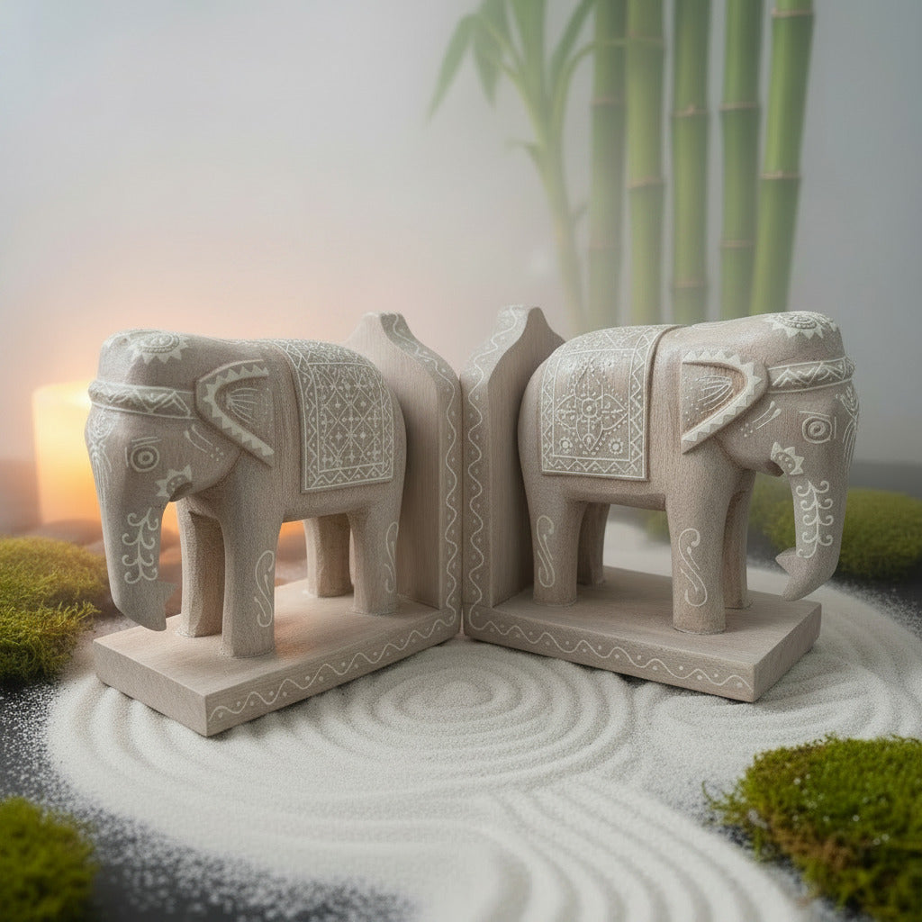 A carved elephant figurine with intricate white painted patterns, displayed on a wooden stand in a zen setting with bamboo sticks on the back