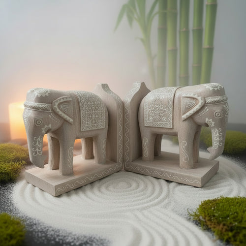 A carved elephant figurine with intricate white painted patterns, displayed on a wooden stand in a zen setting with bamboo sticks on the back