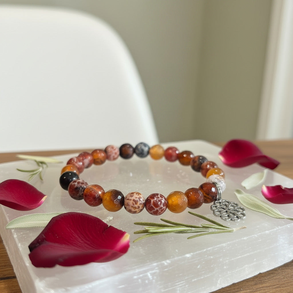 Multicolored beaded bracelet on a clear stand with red flower petals and green leaves.