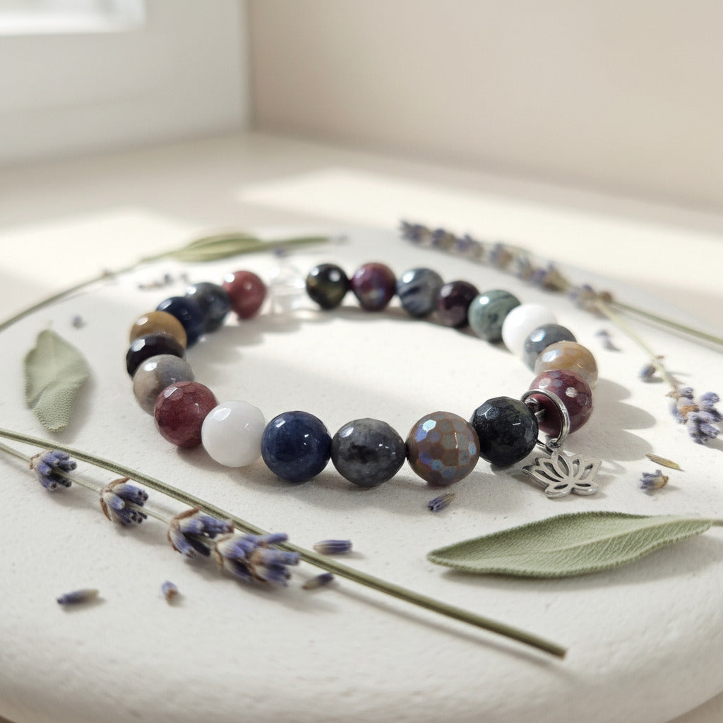 Multicolored beaded bracelet on a white surface with lavender flowers and leaves.