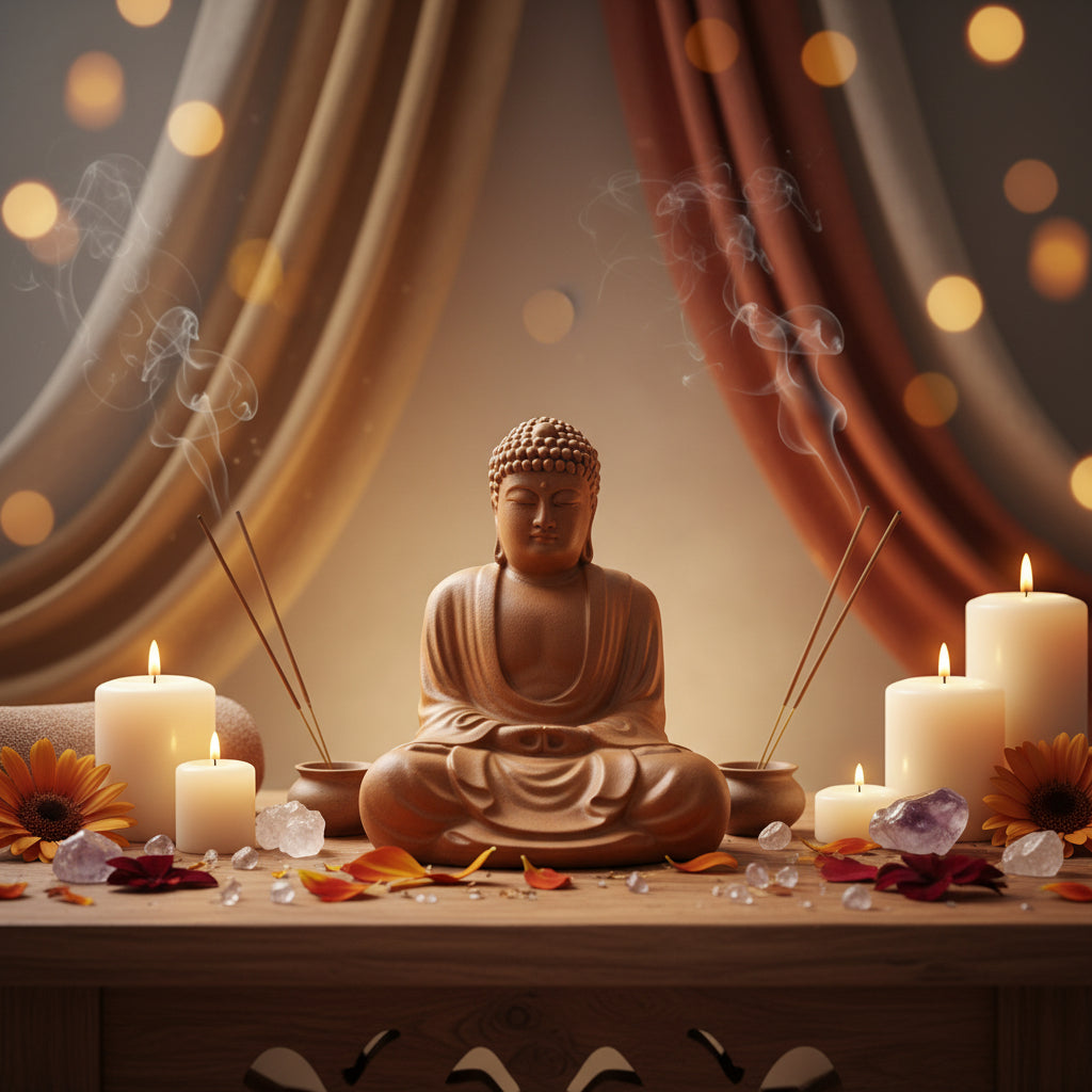 Buddha statue with candles and incense in a serene setting