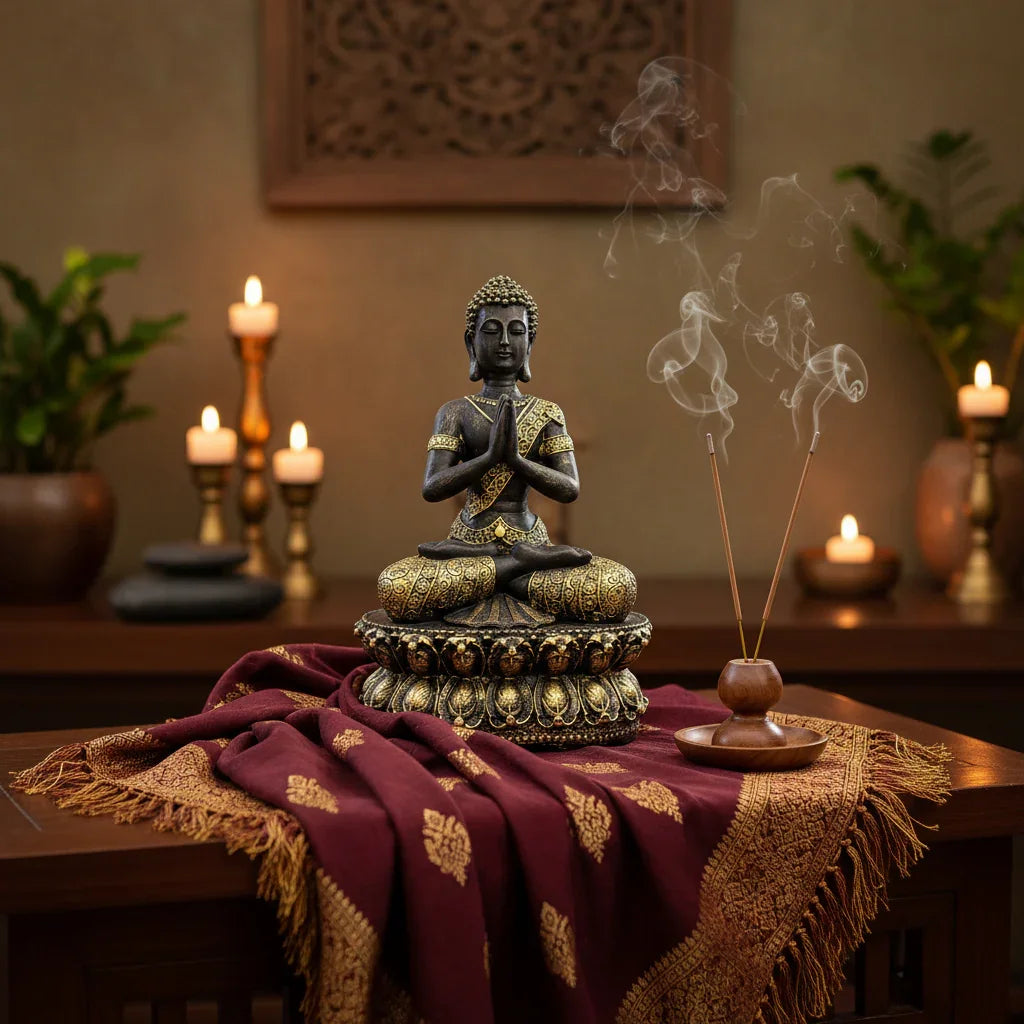 Buddha statue with incense on a table with candles and decorative elements.