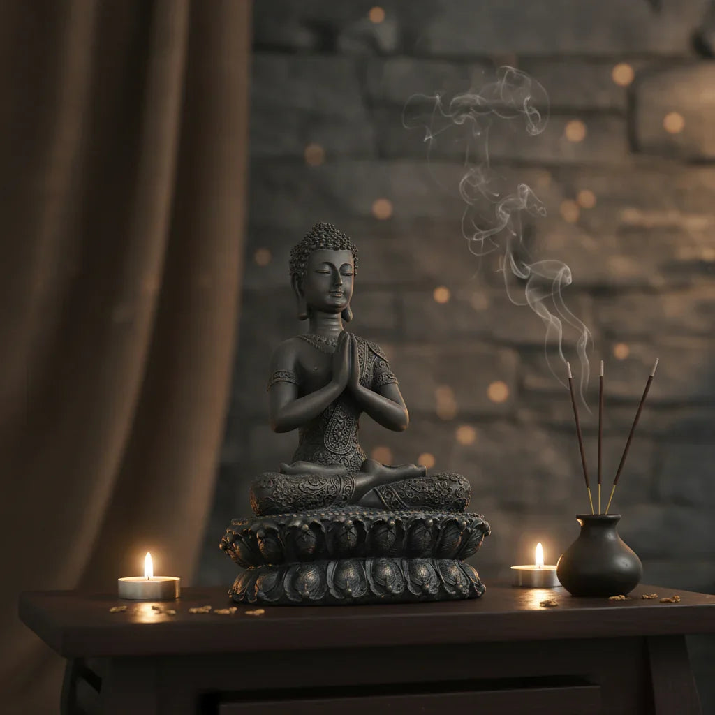 Buddha statue with incense and candles on a wooden table against a stone wall background