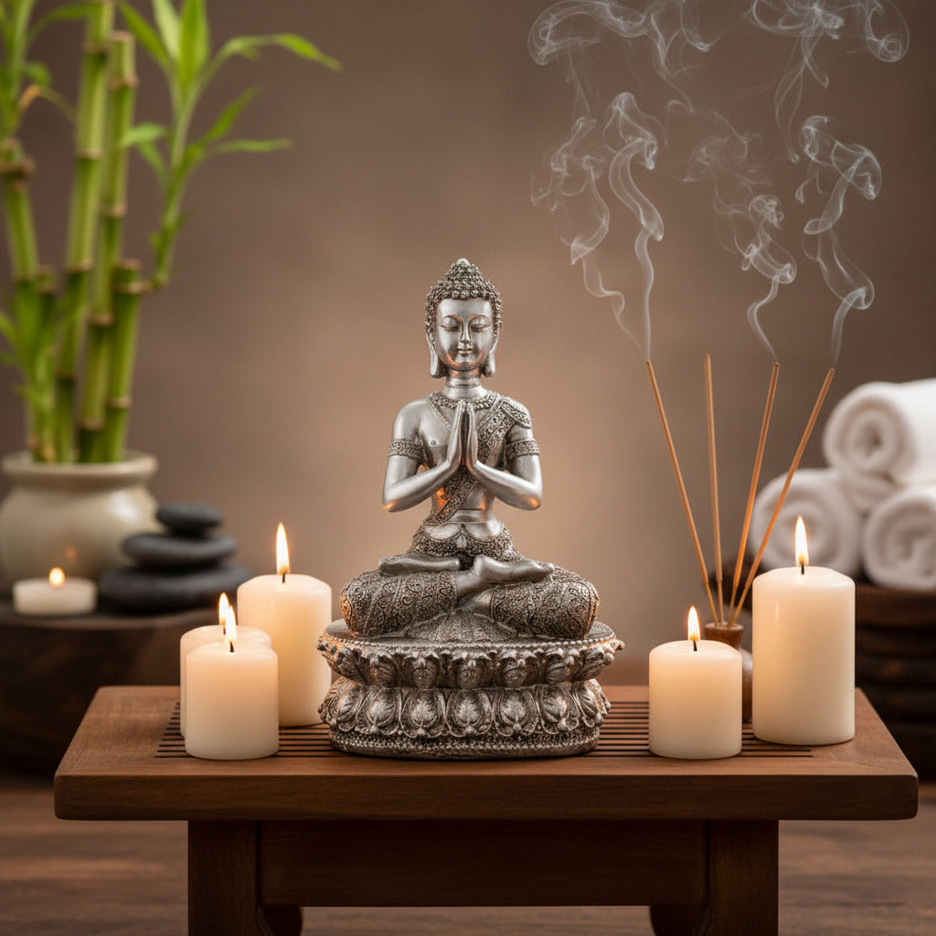 Silver Buddha statue on a white background