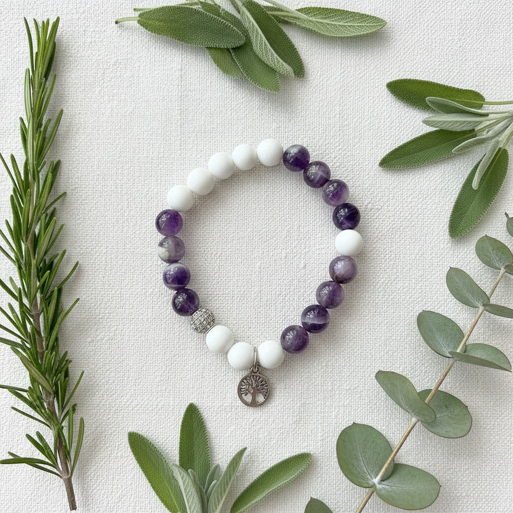 Bracelet with purple and white beads and charm on a light fabric background with green leaves