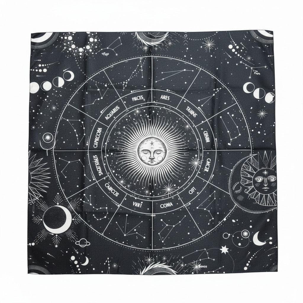 Black and white astrological tapestry with celestial designs on a plain background