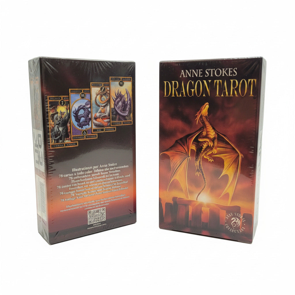 Two books titled 'Dragon Tarot' by Anne Stokes on a surface.