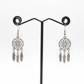 Pair of silver dreamcatcher earrings on a black stand against a beige fabric background