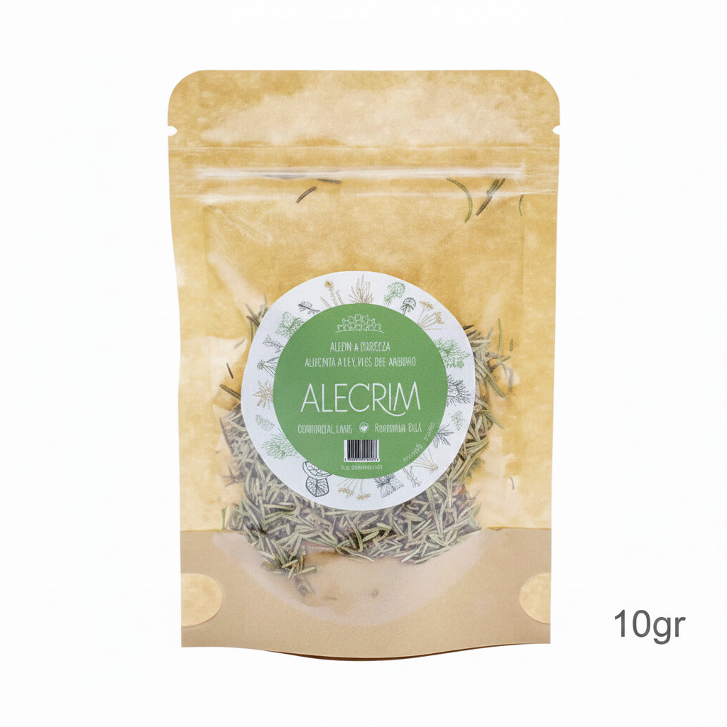 Packaged herbal product labeled 'Alecrim' with a visible weight of 10 grams on a white background.