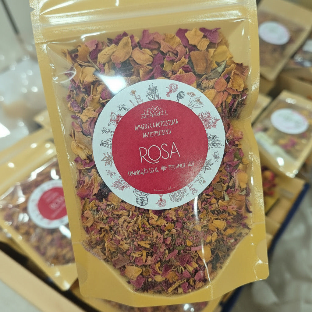 Packaged dried flowers with a label on a blurred background