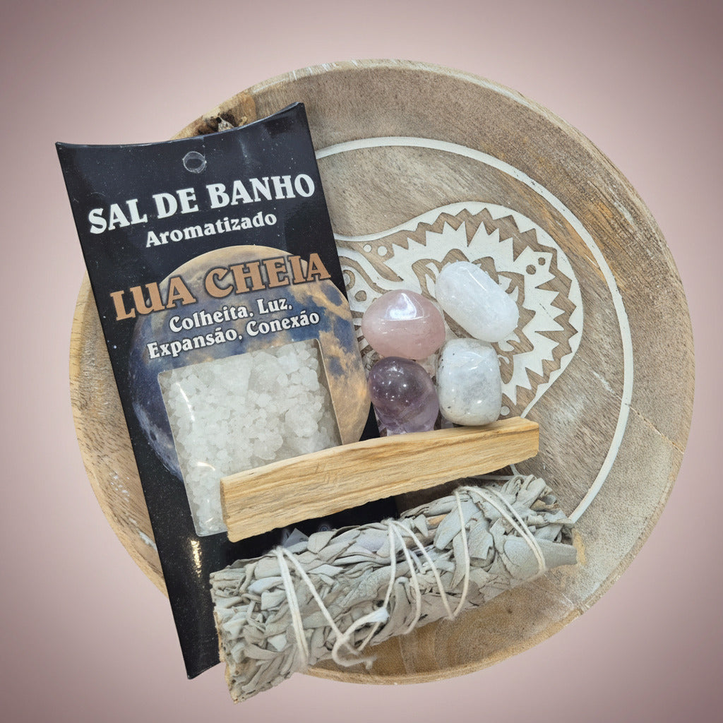 Sal de Banho package with crystals and sage on a wooden tray
