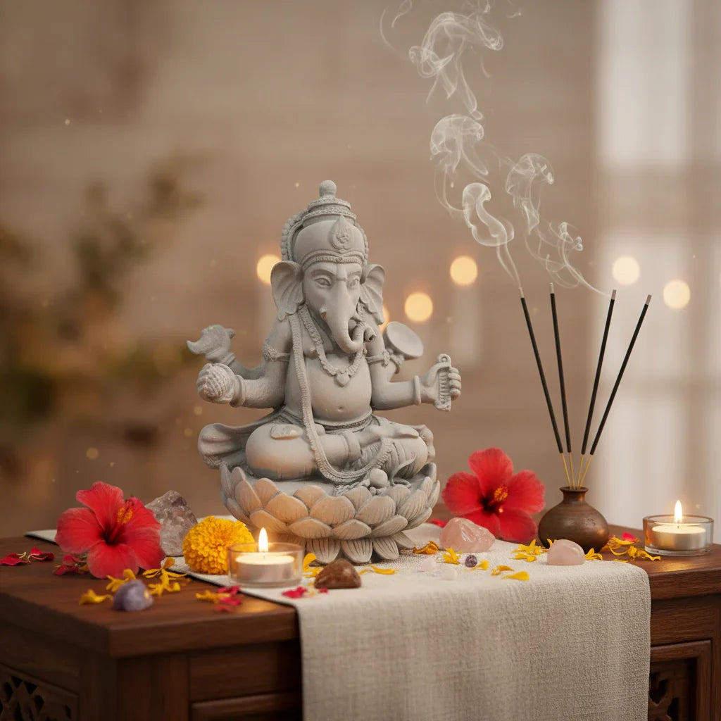 Statue of a deity with incense sticks, flowers, and candles on a table.