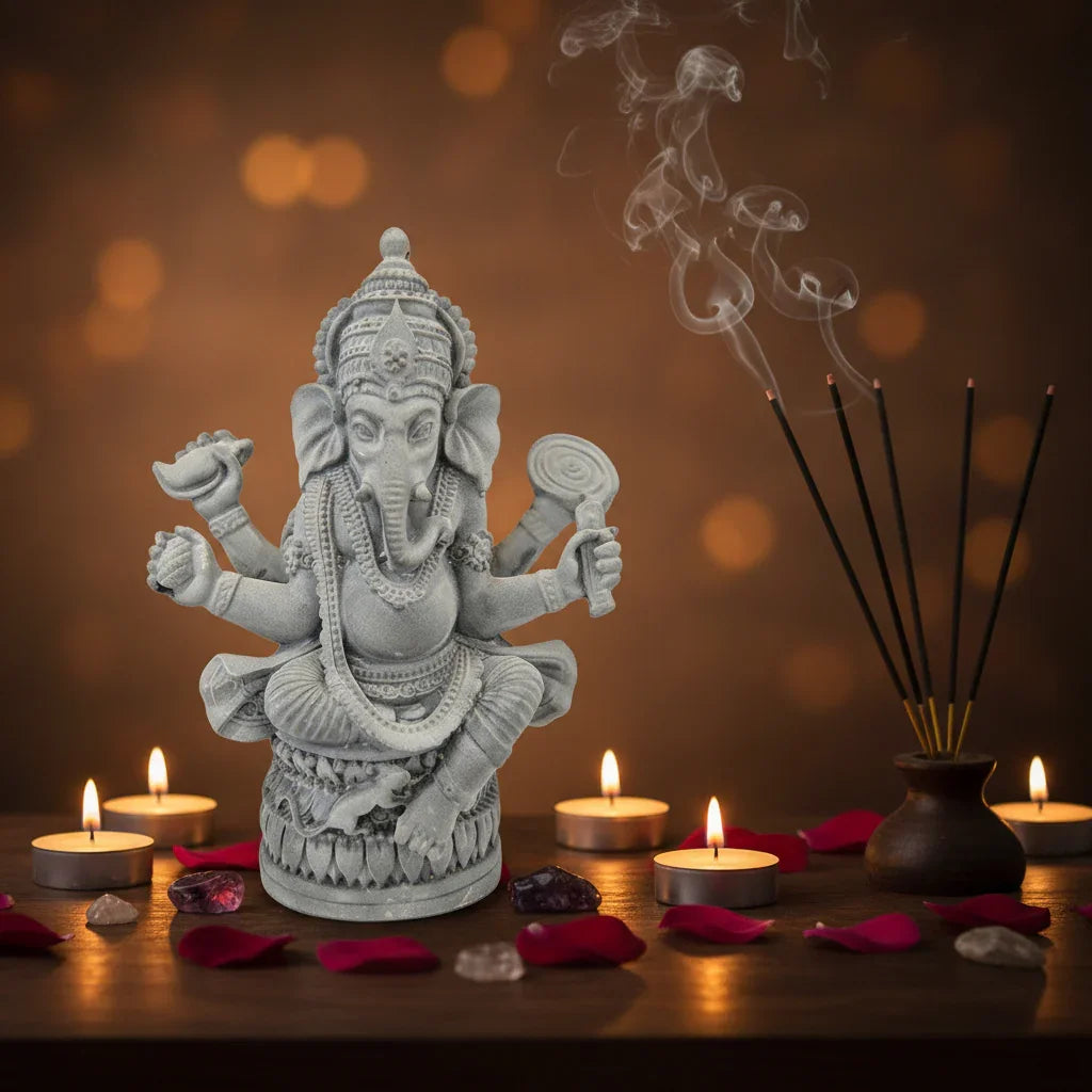 Statue of a deity with candles and incense on a wooden surface