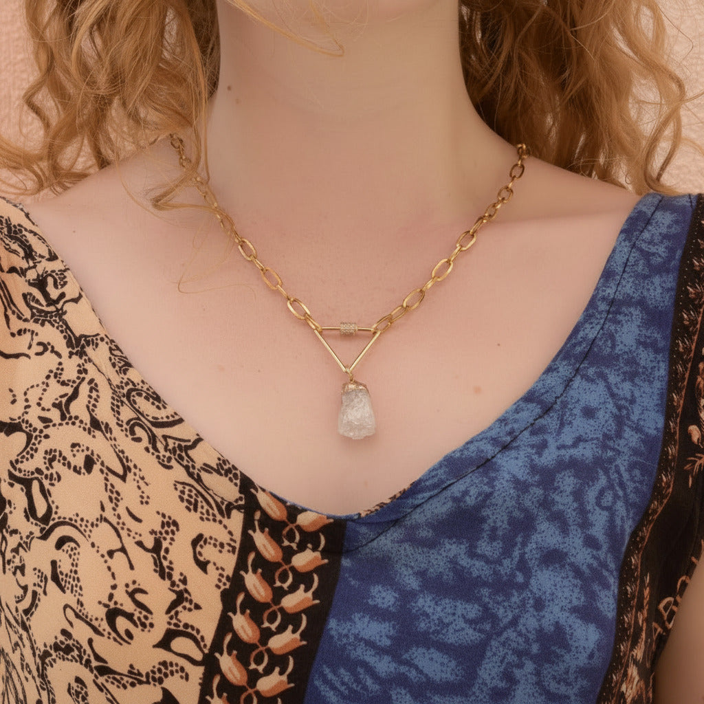 Person wearing a gold chain necklace with a pendant, against a neutral background