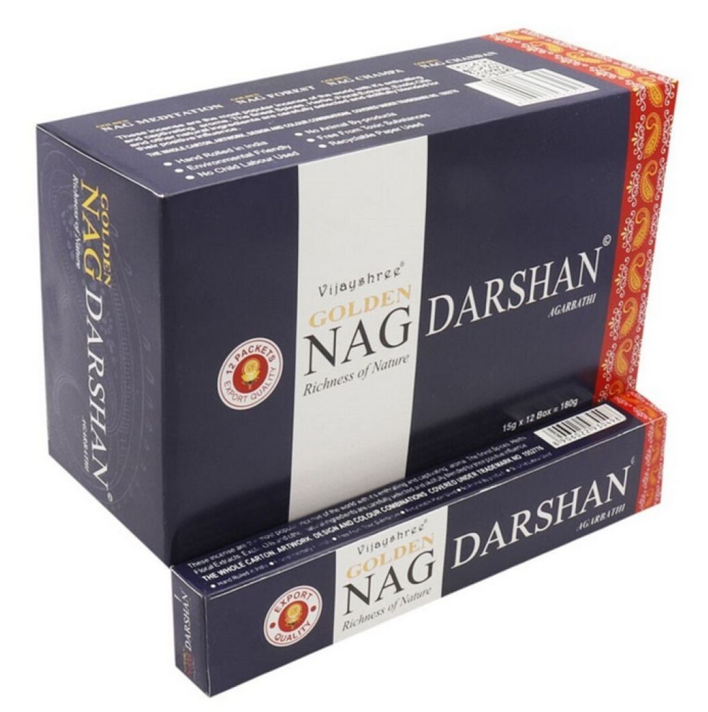 Blue box of Golden Nag Darshan Incense on white background