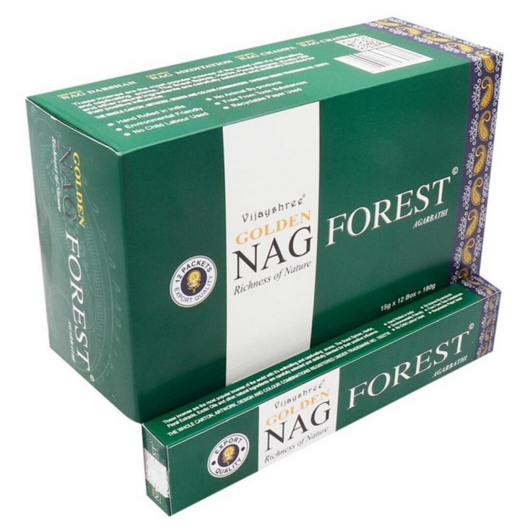 Green box of Golden Nag Forest Incense on white background