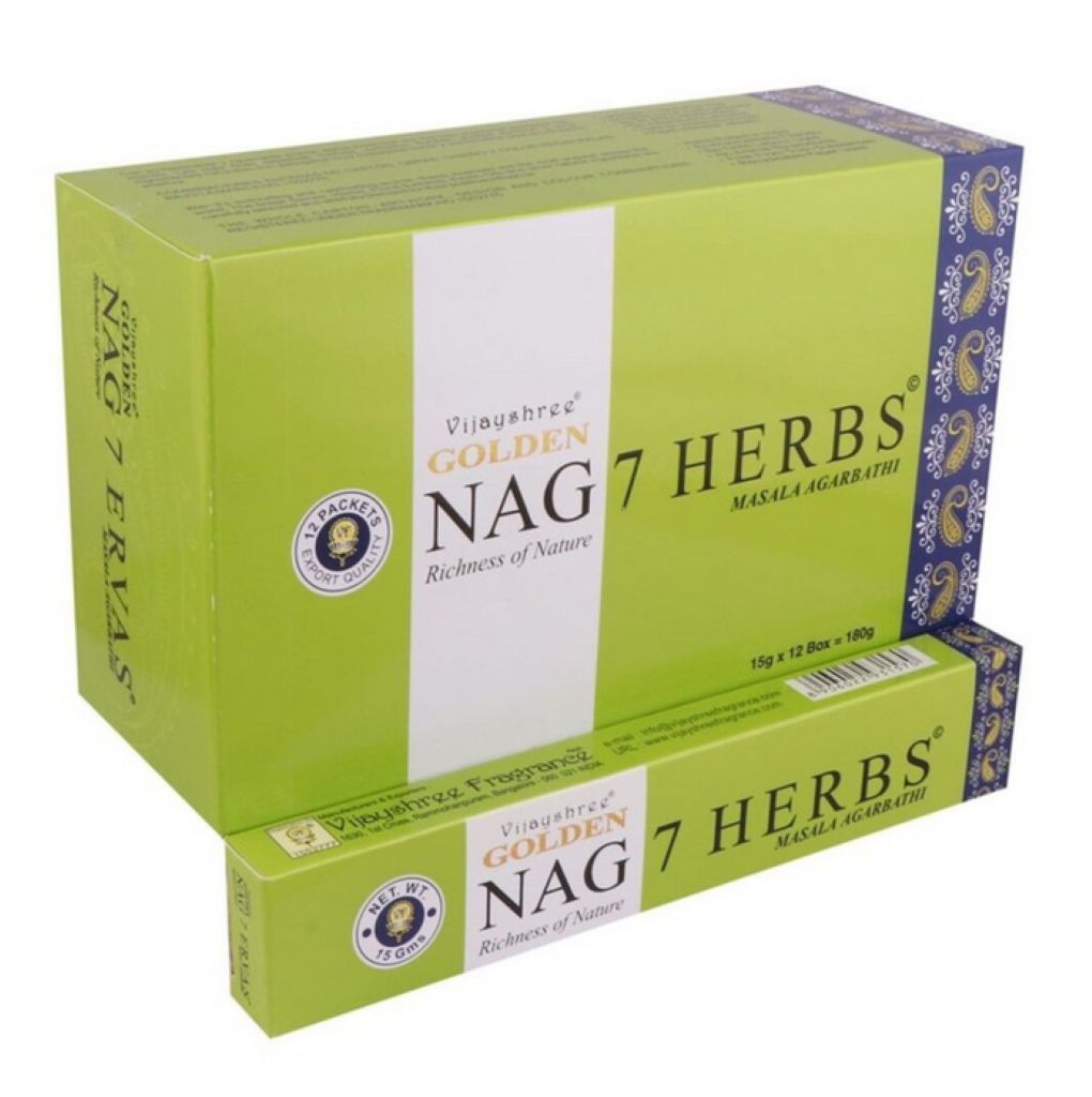 Green box of Golden Nag 7 Herbs Masala Agarbatti with visible branding.