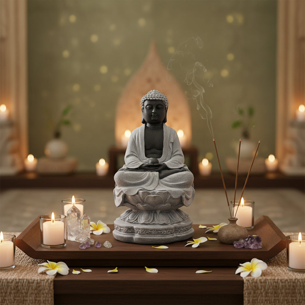 Statue of a meditating Buddha with candles and incense in a serene setting