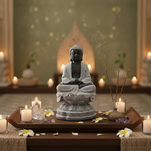 Statue of a meditating Buddha with candles and incense in a serene setting