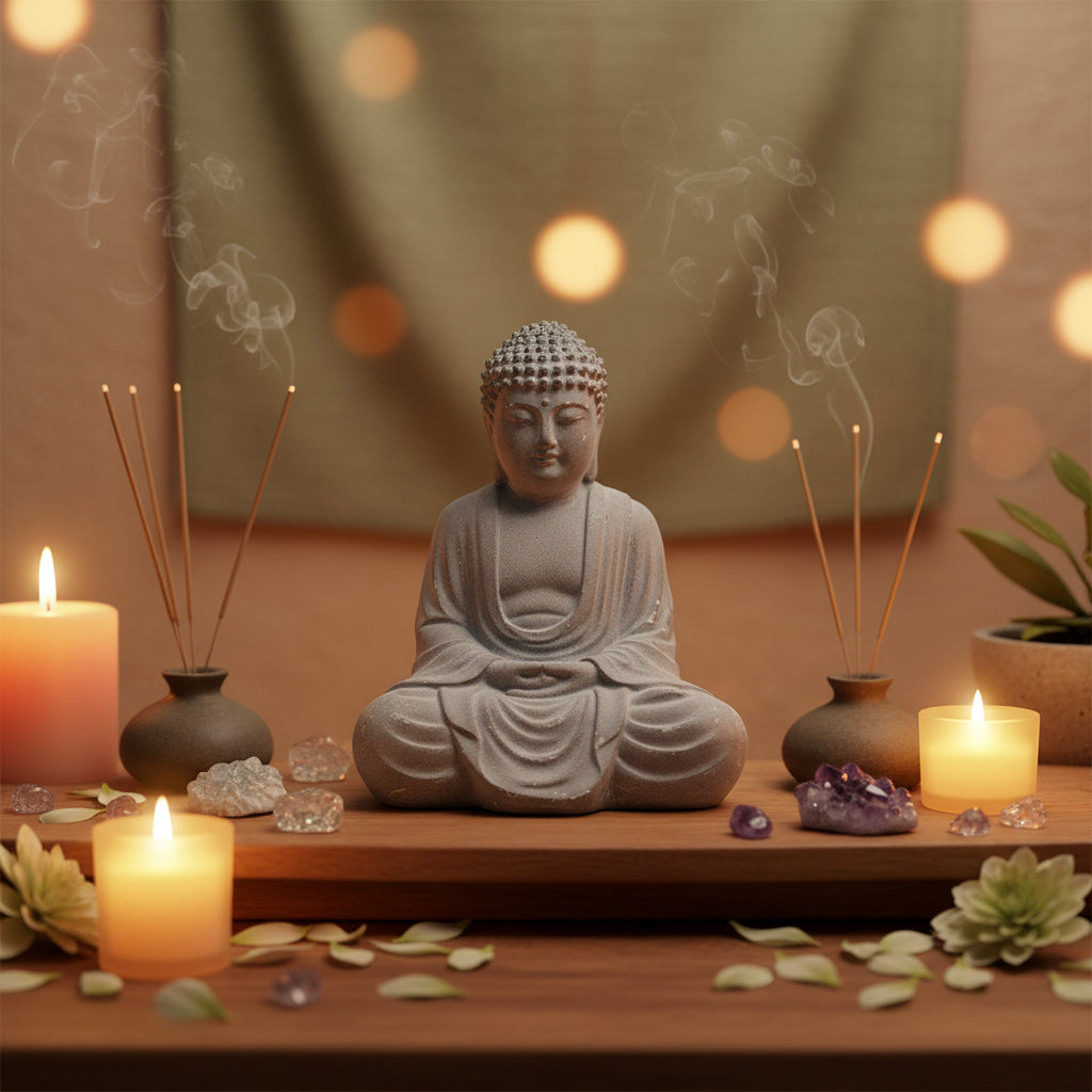 Buddha statue with candles and incense on a wooden table
