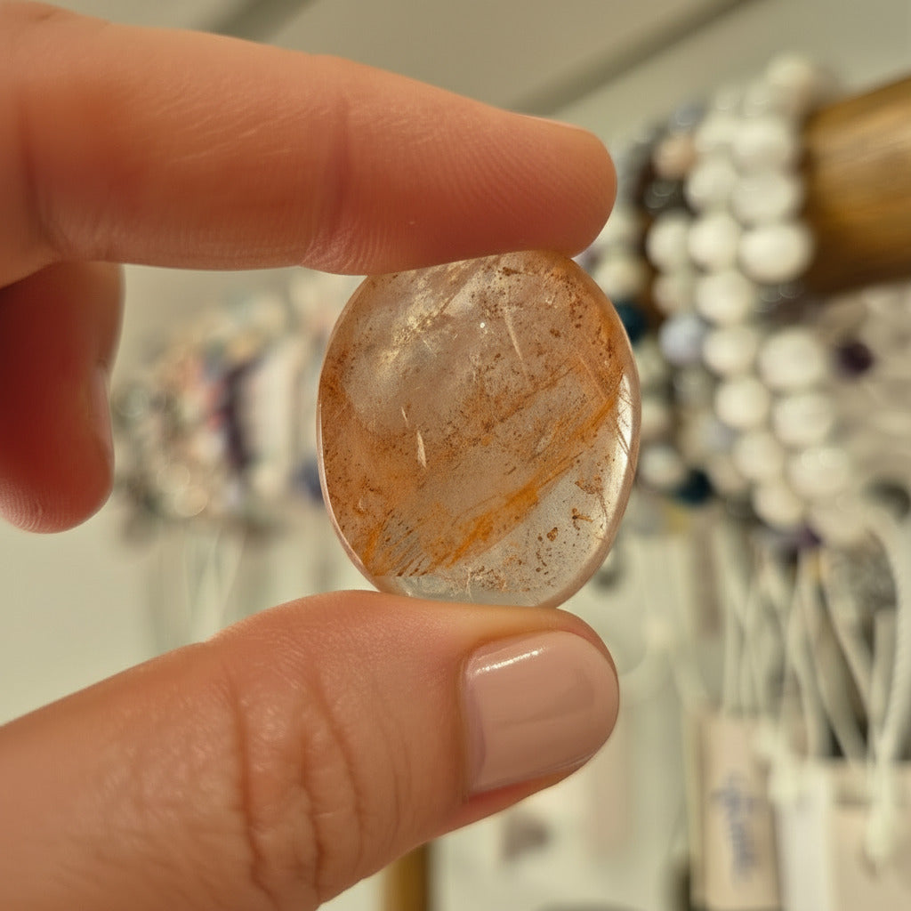 Hand holding a natural stone with blurred jewelry store background