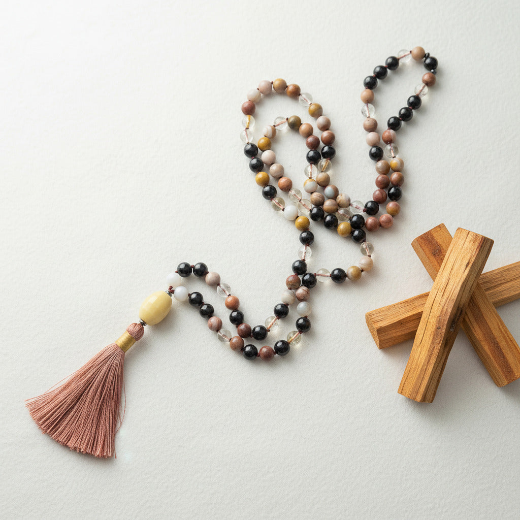 108 beaded Necklace with tassel next to wooden sticks on a light background