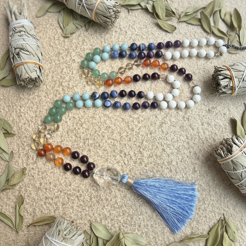 Colorful beaded necklace with a blue tassel on a beige surface with dried leaves and smudge sticks.