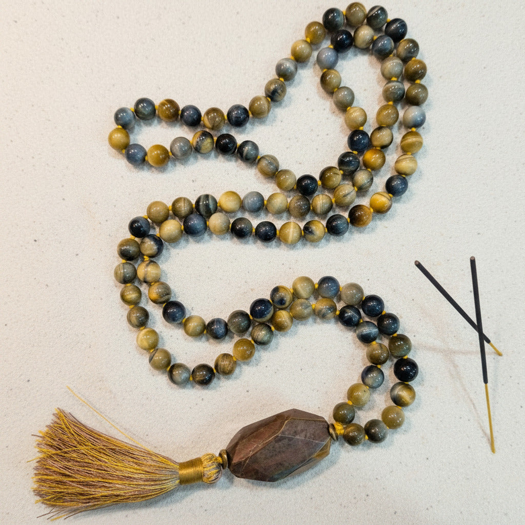 Beaded mala necklace with tassel and opal pendant on a light background