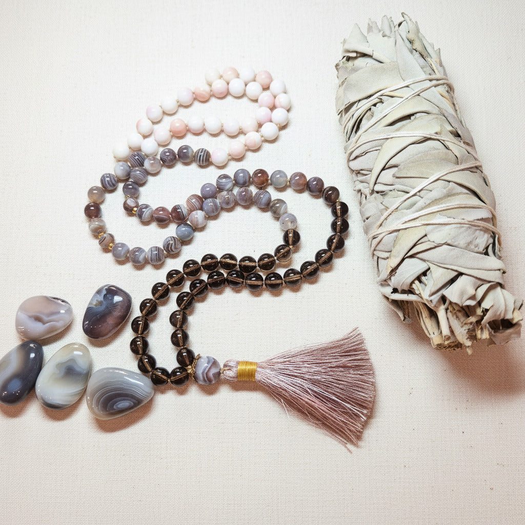 Beaded necklace with tassel and agate stones next to a sage bundle on a light background